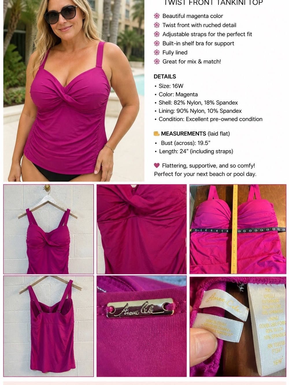 Anne Cole Magenta Twist-Front Camisole Tankini Top